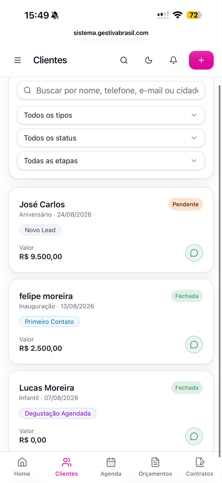 Todos os clientes organizados por tipo de evento, status e etapa da negociação.