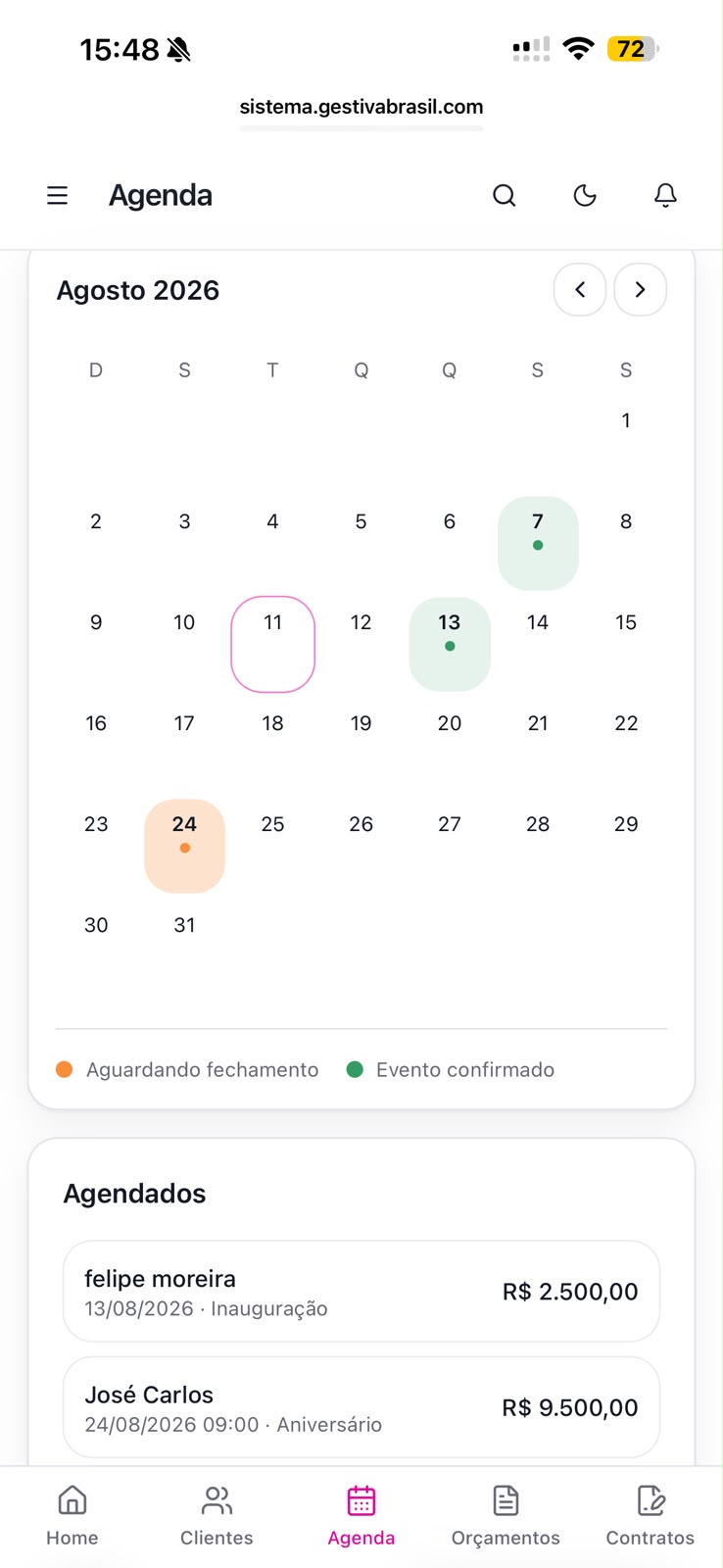 Agenda clara: datas confirmadas e datas aguardando fechamento, sem confusão.